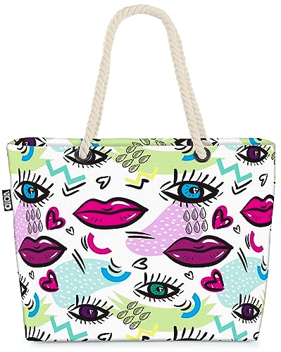 VOID Pop Art Augen Herz Wolken Strandtasche Shopper 58x38x16cm 23L XXL Einkaufstasche Tasche Reisetasche Beach Bag von VOID