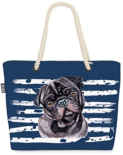 VOID XXL Strandtasche Mops Shopper Tasche 58x38x16cm 23L Beach Bag schwarz, Kissen Farbe:Blau VOID XXL Strandtasche Mops Shopper Tasche 58x38x16cm 23L Beach Bag schwarz, Kissen Farbe:Blau von VOID