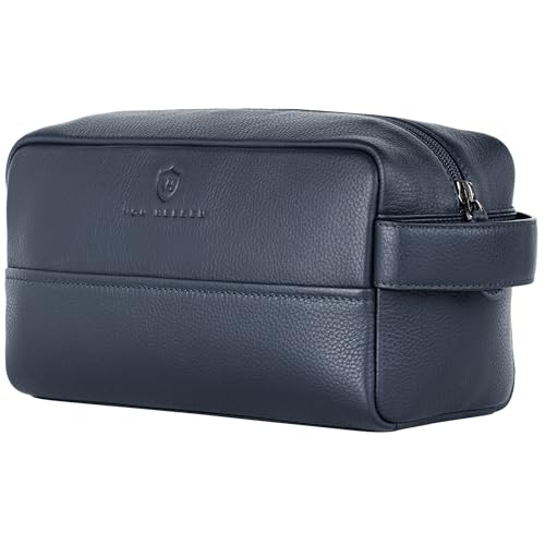 VON HEESEN Kulturbeutel Leder Kulturtasche für Herren & Damen - Echtleder Necessaire ideal zum Reisen - Waschtasche und Kosmetiktasche mit einem Hauptfach blau, groß von VON HEESEN