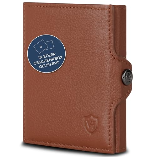 VON HEESEN Slim Wallet mit Münzfach & RFID-Schutz - Mini Geldbörse Herren & Damen - Kartenetui Kreditkartenetui - Portmonee Geldbeutel Portemonnaie klein Cognac-Braun von VON HEESEN