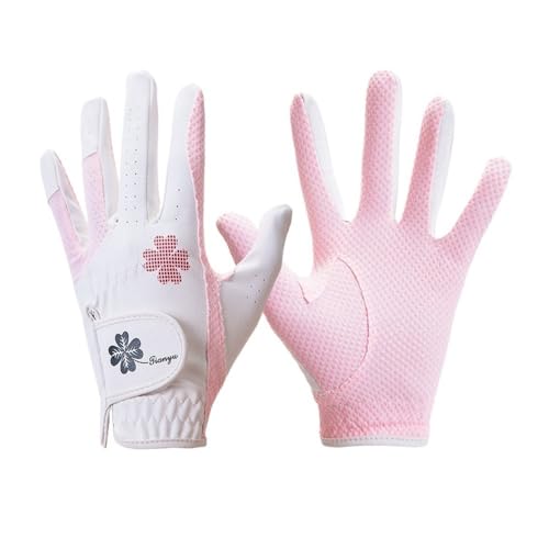 VONCYKI Golfhandschuhe für Damen, PU-Leder, linke und rechte Hände, 1 Paar rutschfeste Partikel mit atmungsaktiven Outdoor-Sporthandschuhen (Withe Whith Pink, 18) von VONCYKI