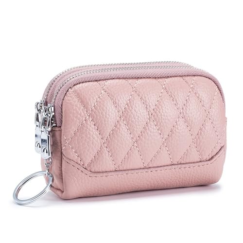 VONCYKI Mini-Münzgeldbörse aus echtem Leder, Kartenhalter, für Damen, klein, kurz, mit zwei Reißverschlüssen, tragbare Make-up-Tasche (Rosa) von VONCYKI