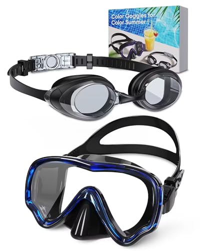 VOSOIR Schwimmbrille und Taucherbrille Set für Erwachsene, Anti Fog Schwimmbrillen, Panorama Tauchmaske mit Nasenschutz（Marineblau） von VOSOIR