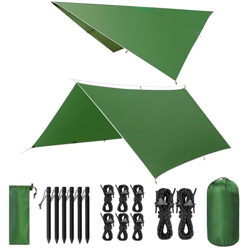 VOSOIR Tarp 3x3M Wasserdicht, Ultraleicht Camping Zeltplane, mit 9 Öse+6 Aluminiumstifte+8 Nylonseile, Anti-UV Schnee Regen Schutz, Leicht Kompakt, für Hängematte Camping Picknick(Hellgrün) von VOSOIR