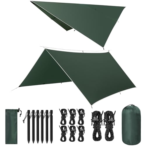 VOSOIR Tarp 3x3M Wasserdicht, Ultraleicht Camping Zeltplane, mit 9 Öse+6 Aluminiumstifte+8 Nylonseile, Anti-UV Schnee Regen Schutz, Leicht Kompakt für Hängematte Camping Picknick Wandern(Dunkelgrün) von VOSOIR