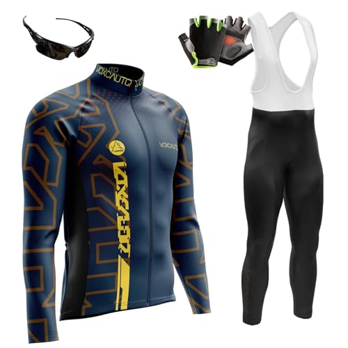 Herren Langarm Fahrrad Trikot Set,Rennrad Trikot Herren Set,Langärmliges Fahrradtrikot Hose + Halbfinger Fahrradhandschuhe... (7,XL) von VOXCAUTQ