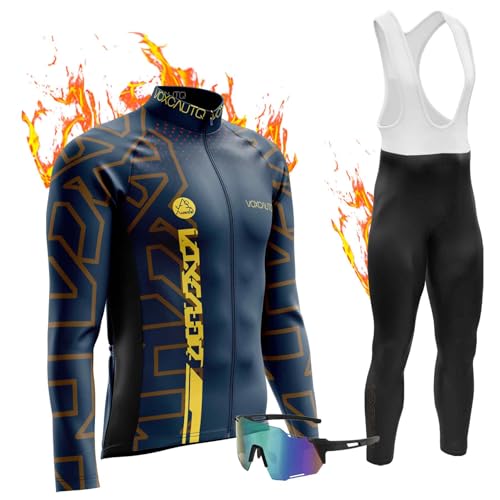 Herren Radsportanzüge mit Thermofleecefutter Langarm Winter Radtrikot Set Radfahren Kleidung Langärmeliges Fahrradtrikot Fahrradhose mit 9D Sitzpolster (7,XL) von VOXCAUTQ