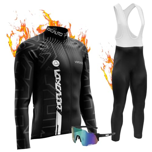 Herren Radsportanzüge mit Thermofleecefutter Langarm Winter Radtrikot Set Radfahren Kleidung Langärmeliges Fahrradtrikot Fahrradhose mit 9D Sitzpolster (9,4XL) von VOXCAUTQ