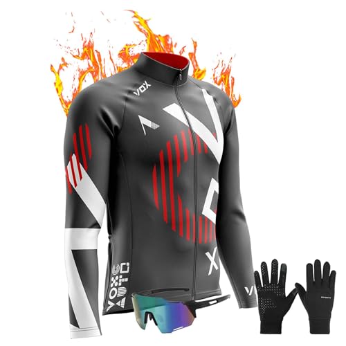 Herren Radsportanzüge mit Thermofleecefutter Langarmtrikot Winter Radtrikot Set, Radfahren Kleidung Langärmeliges Fahrradtrikot Fahrradhose+9D Gel Pad Sitzpolster (Warm T4,6XL) von VOXCAUTQ