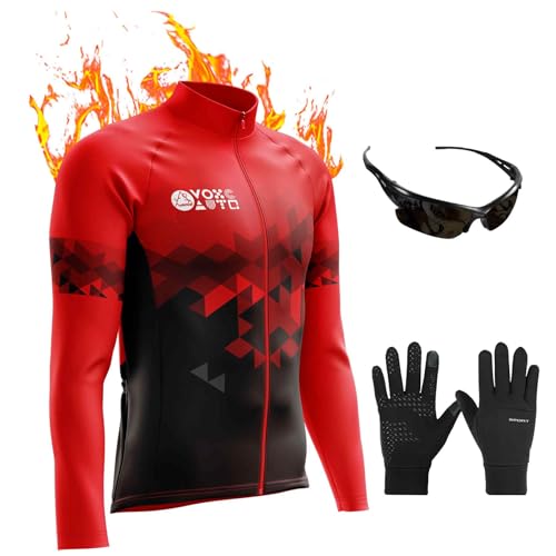 Herren Radsportanzüge mit Thermofleecefutter Langarmtrikot Winter Radtrikot Set, Radfahren Kleidung Langärmeliges Fahrradtrikot Fahrradhose, Gel Pad 9D Sitzpolste... (Cycling Jersey-1,XXL) von VOXCAUTQ