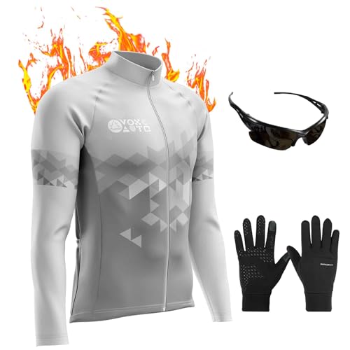 Herren Radsportanzüge mit Thermofleecefutter Langarmtrikot Winter Radtrikot Set, Radfahren Kleidung Langärmeliges Fahrradtrikot Fahrradhose, Gel Pad 9D Sitzpolste... (Cycling Jersey-7,L) von VOXCAUTQ