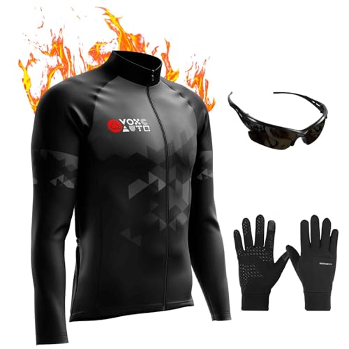 Herren Radsportanzüge mit Thermofleecefutter Langarmtrikot Winter Radtrikot Set, Radfahren Kleidung Langärmeliges Fahrradtrikot Fahrradhose, Gel Pad 9D Sitzpolste... (Cycling Jersey-8,3XL) von VOXCAUTQ