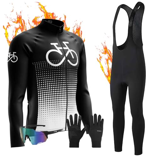 Herren Winter Fahrradtrikot Set,Herren Radsport Set,Winter Radtrikot Set,Thermofleecefutter Langarmtrikot,optimal für Herbst - Winter mit Gel Pad 9D Sitzpolster (1,5XL) von VOXCAUTQ