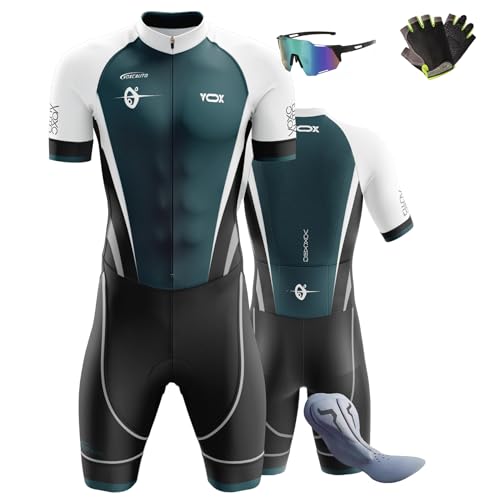 Triathlon Anzug Herren, Herren Radsportanzug gepolstert einteilig Trisuit Bike Top Short Trisuit Einteiler für Wettkampf, Herren Pro Fahrrad Skinsuit Kurzarm,3Taschen (5,S) von VOXCAUTQ