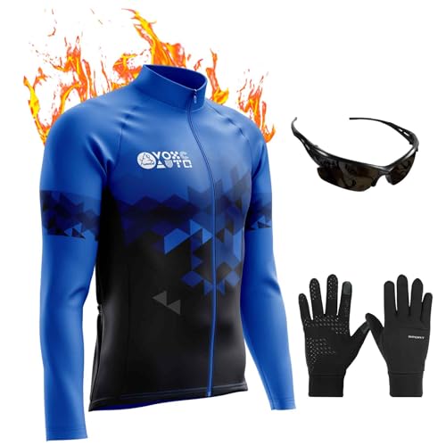 VOXCAUTQ Herren Radsportanzüge mit Thermofleecefutter Langarmtrikot Winter Radtrikot Set, Radfahren Kleidung Langärmeliges Fahrradtrikot Fahrradhose, Gel Pad 9D Sitzpolste... (Cycling jersey-4,XXS) von VOXCAUTQ