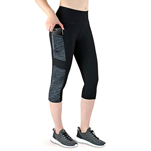 VS Sportleggins Capri 3/4 mit 3 Seitentaschen für Handyfach Schlüsselfach Fitness Sport Tights Schwarz Muster Yoga Hose Sporthose Jogging High Waist. Grey-Black-S von VS VARIOSPORTS