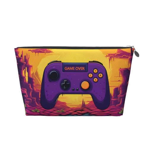 VTCTOASY Make-up-Tasche für Damen, Motiv: Game Over auf violettem Hintergrund, Reise-Kosmetiktasche, großes Fassungsvermögen, tragbare Make-up-Organizer-Tasche, PU-Leder, wasserdicht, Kulturbeutel, von VTCTOASY