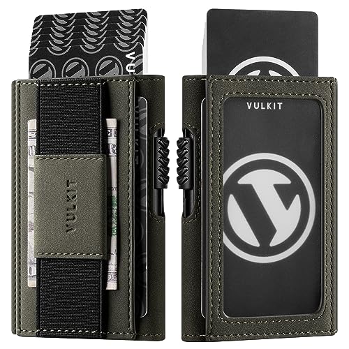 VULKIT Porte Cartes de Crédit Blocage RFID avec Fenêtre d'Identification, Portefeuille en Cuir Automatique de Cartes Pop Up avec 1 Compartiment pour Espèces, Vert Olive von VULKIT