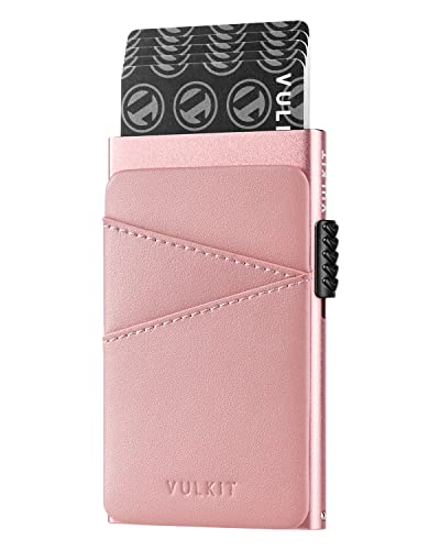 VULKIT Kreditkartenetui Damen Metall mit Fäche aus Leder Automatisch Pop Up Kartenetui Damen Slim Kartenetui RFID NFC Schutz Klein Kartenhalter für 5-9 Karten, Rosa von VULKIT