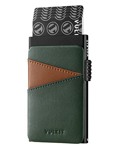 VULKIT Kreditkartenetui Herren Metall mit Fäche aus Leder Automatisch Pop Up Kartenetui Herren Slim Kartenetui RFID NFC Schutz Klein Kartenhalter für 5-9 Karten, Grün von VULKIT