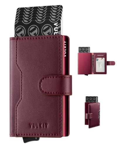 VULKIT Kreditkartenetui Herren RFID Schutz mit 3 Kartenfächern und 1 Ausweisfenster Klein Kartenetui Metall Etui für Karten Pop Up Leder Geldbörse mit Magnetverschluss, Rotwein VULKIT Kreditkartenetui Herren RFID Schutz mit 3 Kartenfächern und 1 Ausweisfenster Klein Kartenetui Metall Etui für Karten Pop Up Leder Geldbörse mit Magnetverschluss, Rotwein von VULKIT
