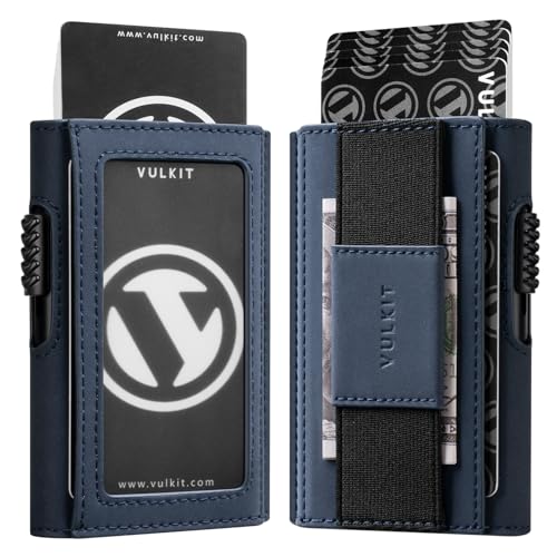 VULKIT Leder Slim Wallet mit Ausweisfenster und Geldklammer, Inneres Automatisches Pop-Up Kreditkartenetui aus Aluminium, RFID/NFC Blocker Portemonnaie, Marineblau VULKIT Leder Slim Wallet mit Ausweisfenster und Geldklammer, Inneres Automatisches Pop-Up Kreditkartenetui aus Aluminium, RFID/NFC Blocker Portemonnaie, Marineblau von VULKIT