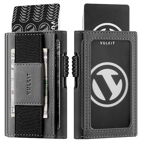 VULKIT Leder Slim Wallet mit Ausweisfenster und Geldklammer, Inneres Automatisches Pop-Up Kreditkartenetui aus Aluminium, RFID/NFC Blocker Portemonnaie, Grau VULKIT Leder Slim Wallet mit Ausweisfenster und Geldklammer, Inneres Automatisches Pop-Up Kreditkartenetui aus Aluminium, RFID/NFC Blocker Portemonnaie, Grau von VULKIT