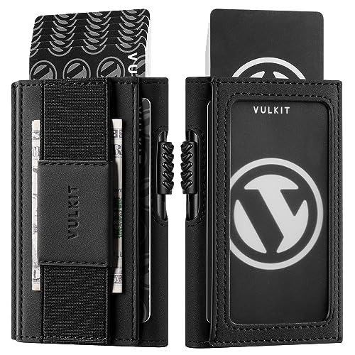 VULKIT Leder Slim Wallet mit Ausweisfenster und Geldklammer, Inneres Automatisches Pop-Up Kreditkartenetui aus Aluminium, RFID/NFC Blocker Portemonnaie, Schwarz VULKIT Leder Slim Wallet mit Ausweisfenster und Geldklammer, Inneres Automatisches Pop-Up Kreditkartenetui aus Aluminium, RFID/NFC Blocker Portemonnaie, Schwarz von VULKIT