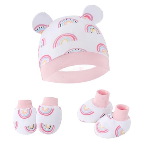 Valcatch 3 Stück Baby Hüte Fäustlinge Fußabdeckung Set Beanie Caps und Keine Kratzer Fäustling Handschuhe Haube Säugling Babys Krankenhaus Hut für Unisex Baby Mädchen 0-6 Monate von Valcatch