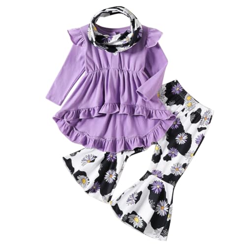 Valcatch Baby Kleinkind Mädchen Kleidung Langarm Oberteile Blumen Hosen Schlaghosen Outfits Rüschenärmel Tunika Hemd und Schlaghose Set Herbst Winter Kleidung für Kinder Mädchen 9M 12M 2T 3T 4T 5T von Valcatch