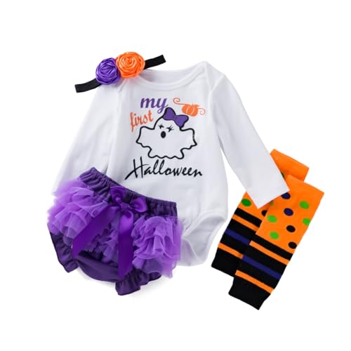 Valcatch Baby Mädchen Halloween Röcke Set Kleinkind Langarm Druck Strampler + Tüll Rock + süße Schleife + Beinlinge 4Pcs Säuglingskleidung Outfits für 0-24M von Valcatch