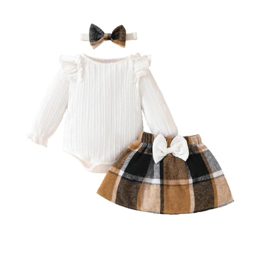 Valcatch Baby Mädchen Herbst Winter Kleidung Neugeborenes Kleinkind Langarm gerippt Strampler + Bowknot Karierten Minirock mit Stirnband Outfits für 0 3 6 9 12 18 Monate von Valcatch