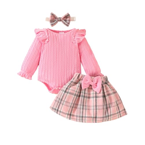 Valcatch Baby Mädchen Herbst Winter Kleidung Neugeborenes Kleinkind Langarm gerippt Strampler + Bowknot Karierten Minirock mit Stirnband Outfits für 0 3 6 9 12 18 Monate von Valcatch