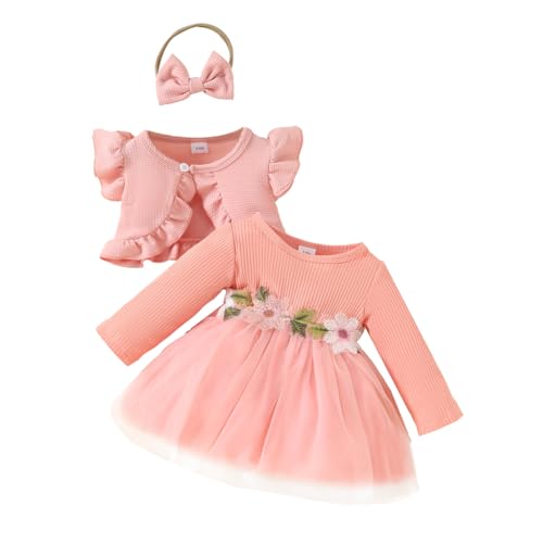 Valcatch Baby Mädchen Kleid und Strickjacke Set Langarm Tutu Kleid und Rüsche Achselzucken mit Schleife Stirnband Säugling Mädchen Mode Herbst Outfits 3M-3J von Valcatch