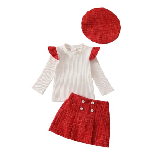 Valcatch Baby Mädchen Kleidung Kleinkind Mädchen 3Pcs Outfits Rüschen Gerippte Lange Ärmel Pullover Tops Miniröcke mit Hut Mode Causal Set Herbst Winter Outfits 6 Monate-4 Jahre von Valcatch