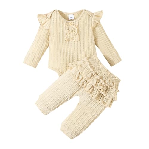 Valcatch Baby Mädchen Kleidung Set Neugeborenes Outfit Rüschenärmel Gerippte Strampler Tops Tutu Rock Hose 2-teilige Outfits Säugling Herbst Winter Kleidung 0-18 Monate von Valcatch