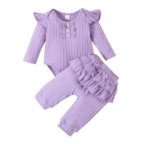 Valcatch Baby Mädchen Kleidung Set Neugeborenes Outfit Rüschenärmel Gerippte Strampler Tops Tutu Rock Hose 2-teilige Outfits Säugling Herbst Winter Kleidung 0-18 Monate von Valcatch