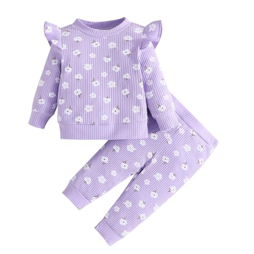 Valcatch Baby Mädchen Kleidung Sets Blumendruck Hosen Sets Langarm Rüschen Tops Elastische Taille Hosen Outfits Herbst 2Pcs Set von Valcatch