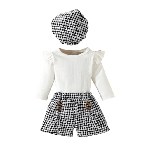 Valcatch Baby Mädchen Short Sets Rüschen Langarm Gerippte Strick Tops und Tweed Print Shorts mit passender Baskenmütze Mode Herbst Outfits 6M-3Y von Valcatch