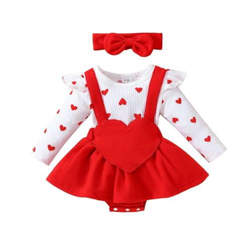 Valcatch Baby Mädchen Strampler Kleid Neugeborene Fliegenärmel Baumwolle Gerippte Herzdruck Langarm Jumpsuits und Schleife 2 Stück Kleidung Set für 0-18M von Valcatch