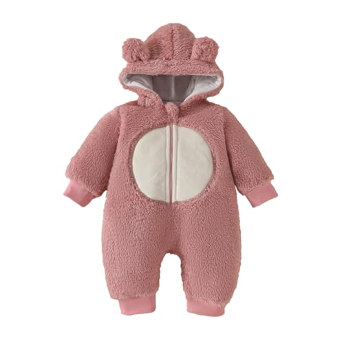 Valcatch Baby Mädchen Winter Schneeanzüge Neugeborenes Fleece Teddy Ohr Kapuzenpullover Einfarbig Druck Reißverschluss Strampler Kind Winter Aufwärmen Kleidung für 0-18M von Valcatch