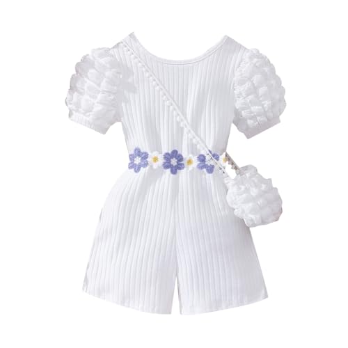 Valcatch Kinder Mädchen Sommer Jumpsuits Puff Shorts Ärmel Strampler mit Tasche Blumenstickerei Einteiliger Playsuit Casual Outfits von Valcatch