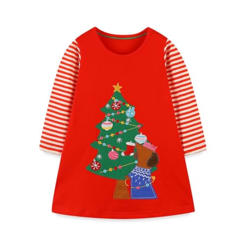 Valcatch Kleine Mädchen Langarm Baumwollkleid Kleinkind Baby Mädchen Cartoon Applikation Basic Casual Hemd Kleider Kinder Weihnachtskleidung 2-7T von Valcatch