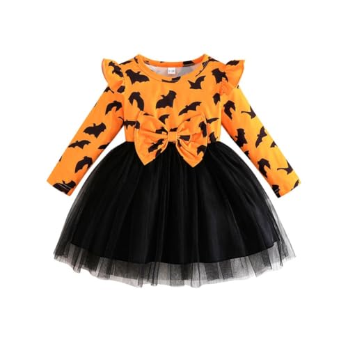 Valcatch Kleinkind Gils Halloween Tüll Kleid Säugling Rüsche Langarm Rundhalsausschnitt Cartoon Print Tutu Party Kleider Kinder Herbst Kleidung für 6M-3T von Valcatch