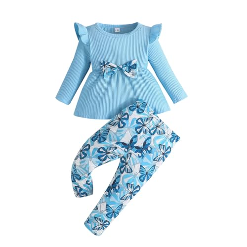 Valcatch Kleinkind Mädchen Hosen Outfits Neugeborene Rüschenärmel Einfarbig Rundhalsausschnitt Geripptes Hemd Top Blumen Hose 2 Stück Kinder Kleidung Set für 0-3M von Valcatch