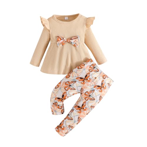 Valcatch Kleinkind Mädchen Hosen Outfits Neugeborene Rüschenärmel Einfarbig Rundhalsausschnitt Geripptes Hemd Top Blumen Hose 2 Stück Kinder Kleidung Set für 0-3M von Valcatch