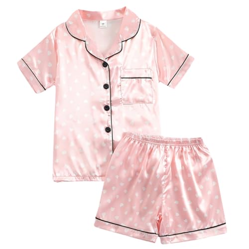 Valcatch Mädchen Satin Pyjamas Herz Bedruckt 2 Stück Seide Pjs Set Sommer Kurzarm Nachtwäsche für kleine Mädchen 8-12 Jahre von Valcatch