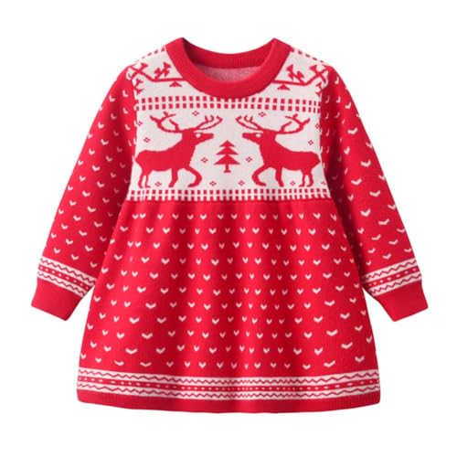 Valcatch Mädchen Weihnachten Strickkleid Große Kleine Kinder Casual Rundhalsausschnitt Puff Langarm Rentier Druck Kleinkind Mädchen Pullover Kleider für 2-10T von Valcatch