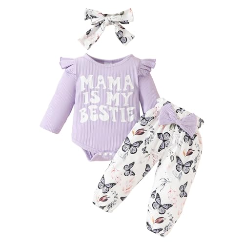 Valcatch Neugeborenes Baby Mädchen Langarm Top Hosen Set Säugling Mädchen Rundhalsausschnitt Rippstrick Print Strampler Top + Hose + Schleife 3 Stück Kind Kleidung Set für 0-18M von Valcatch