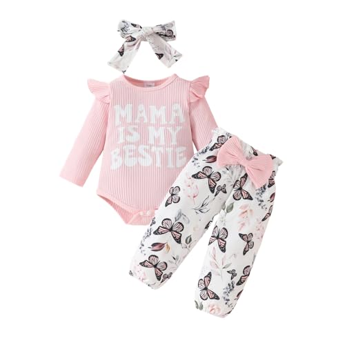 Valcatch Neugeborenes Baby Mädchen Langarm Top Hosen Set Säugling Mädchen Rundhalsausschnitt Rippstrick Print Strampler Top + Hose + Schleife 3 Stück Kind Kleidung Set für 0-18M von Valcatch